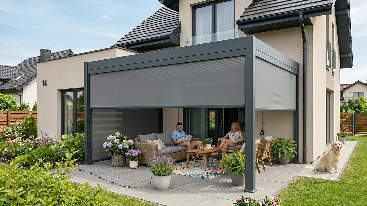 Pergola se závěsy zastiňující terasu před sousedy