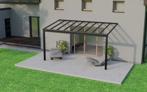 Hliníková pergola Pigato Plus s velkým rozpětím a skleněnou střechou