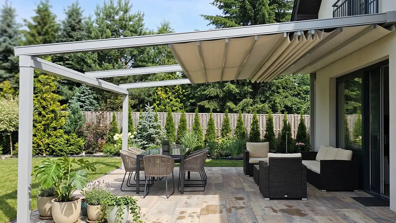 Hliníková pergola se skládanou střechou z technické tkaniny