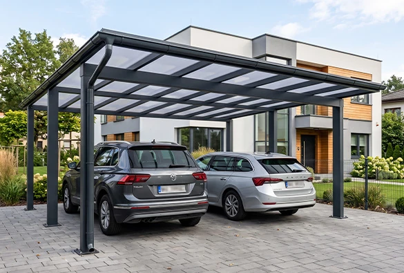 Aluminiowy carport dwustanowiskowy w kolorze antracytowym z dachem z poliwęglanu, osłaniający dwa samochody na podjeździe przy nowoczesnym domu