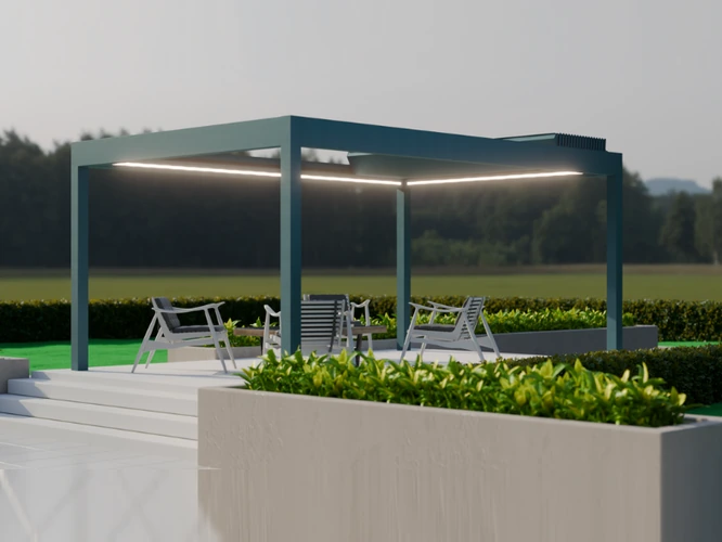 Pergola bioklimatyczna Pinela Deluxe Plus - wolnostojąca konstrukcja aluminiowa z oświetleniem LED w rynnie