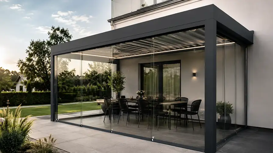 Pergola z przesuwnymi panelami szklanymi
