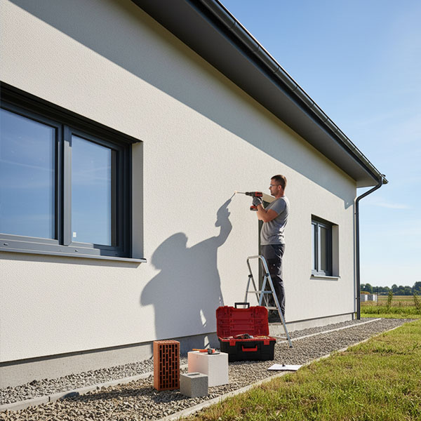 Mężczyzna w szarej koszulce i spodniach, bez kasku, stoi na drabinie przy białej ścianie domu jednorodzinnego i wykonuje nawiert wiertarką. Na ziemi obok drabiny leży skrzynka z narzędziami, materiały budowlane takie jak cegła i bloczki, oraz dokumenty. W tle widać trawiasty teren i drzewa pod bezchmurnym, błękitnym niebem.
