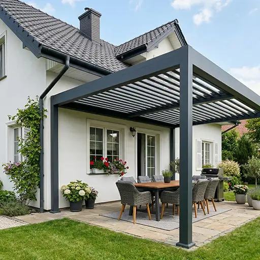 Pergola lamelowa z ruchomymi lamelami sterowanymi pilotem – taras Katowice