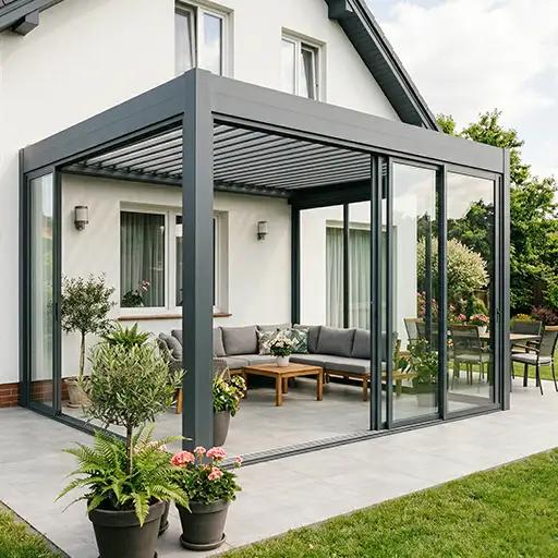 Pergola z drzwiami przesuwnymi – zabudowa tarasu z przesuwną ścianą szklaną, Katowice