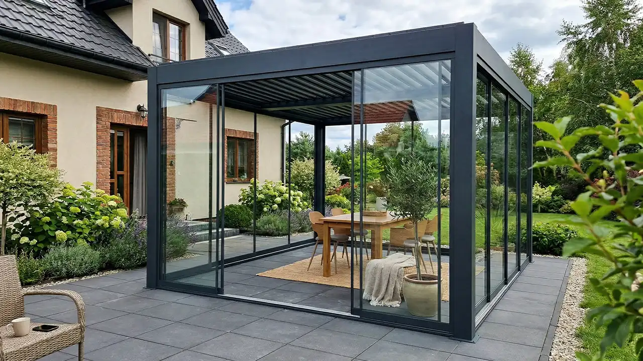 Pergola z przesuwnymi, szklanymi ścianami